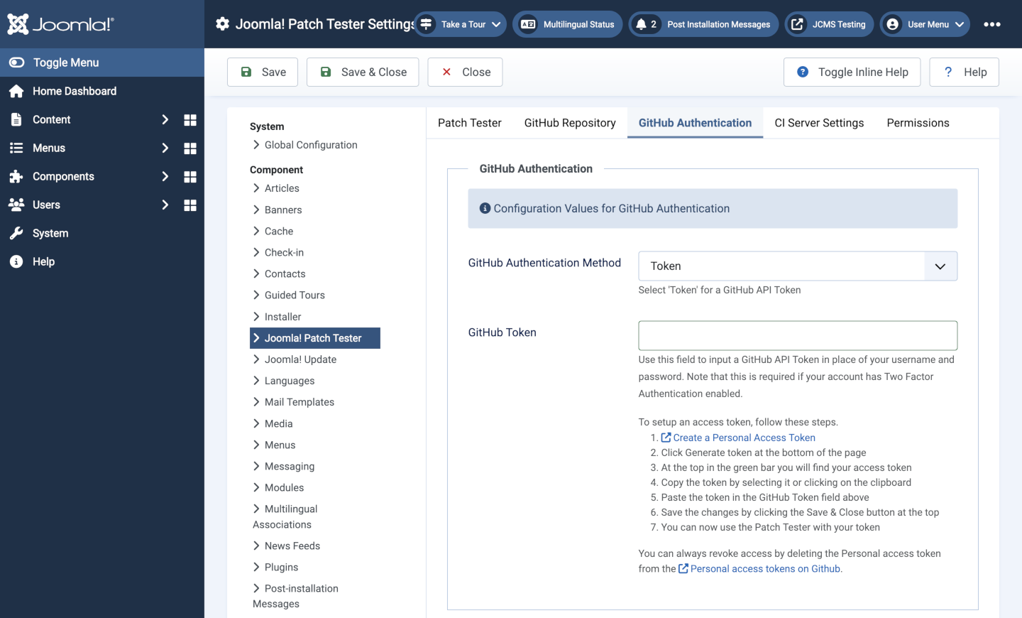 patch tester options for github authentication