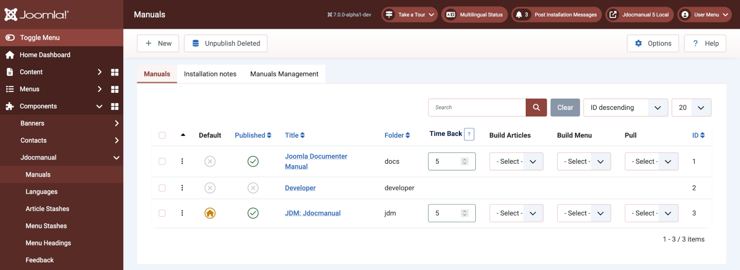 Screenshot of manuals page