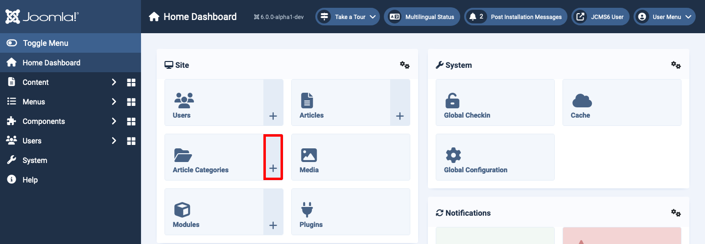 Das Symbol zum Hinzufügen einer Kategorie im Home-Dashboard hervorgehoben