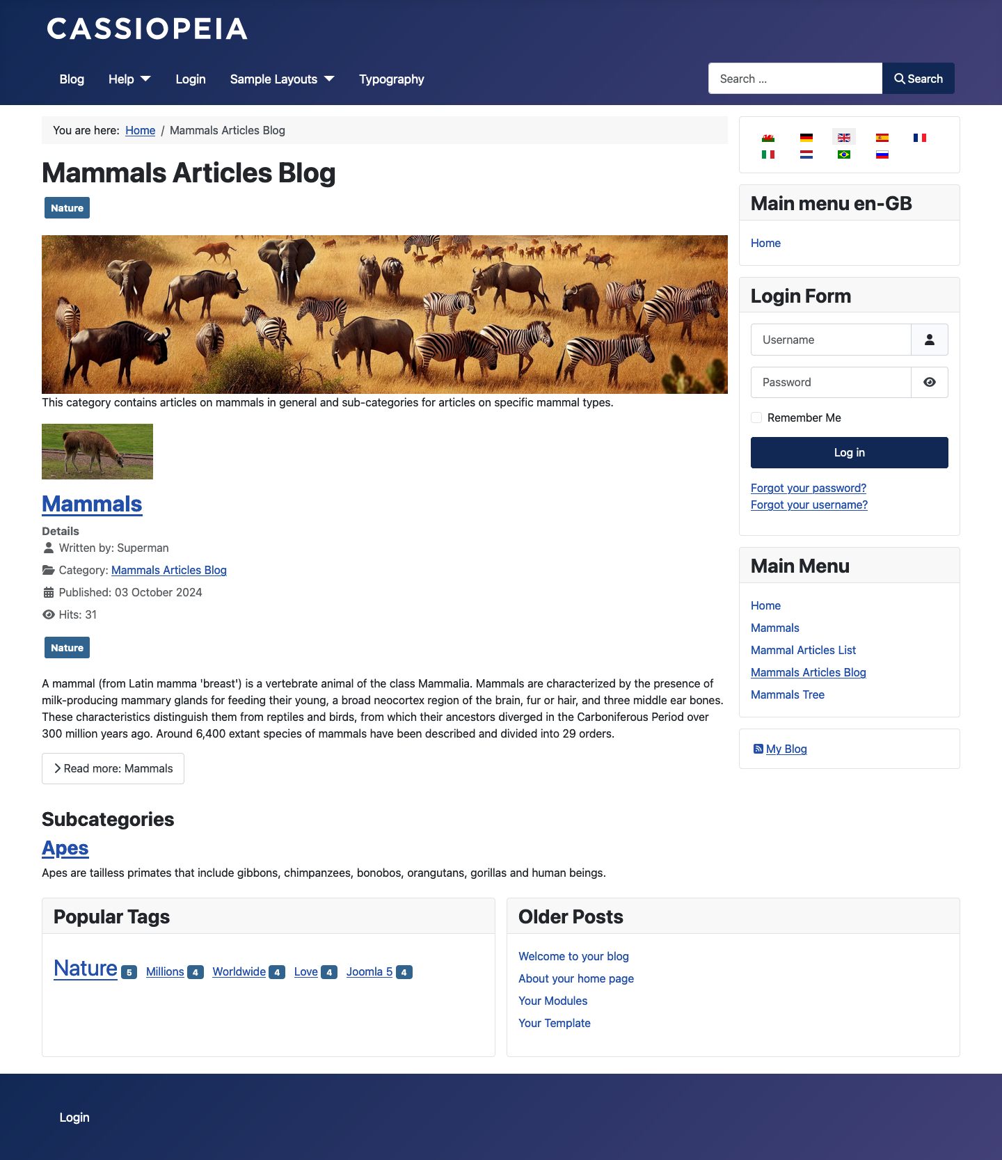 Kategorie-Blog-Seite Säugetiere