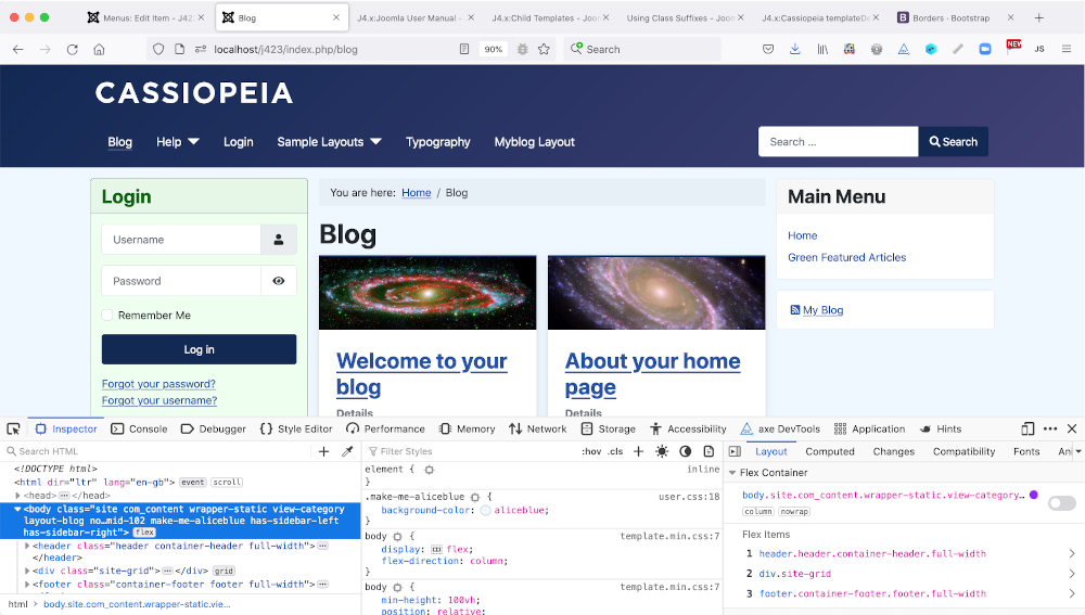 Darstellung der angepassten Seite mit Entwickler-Tools