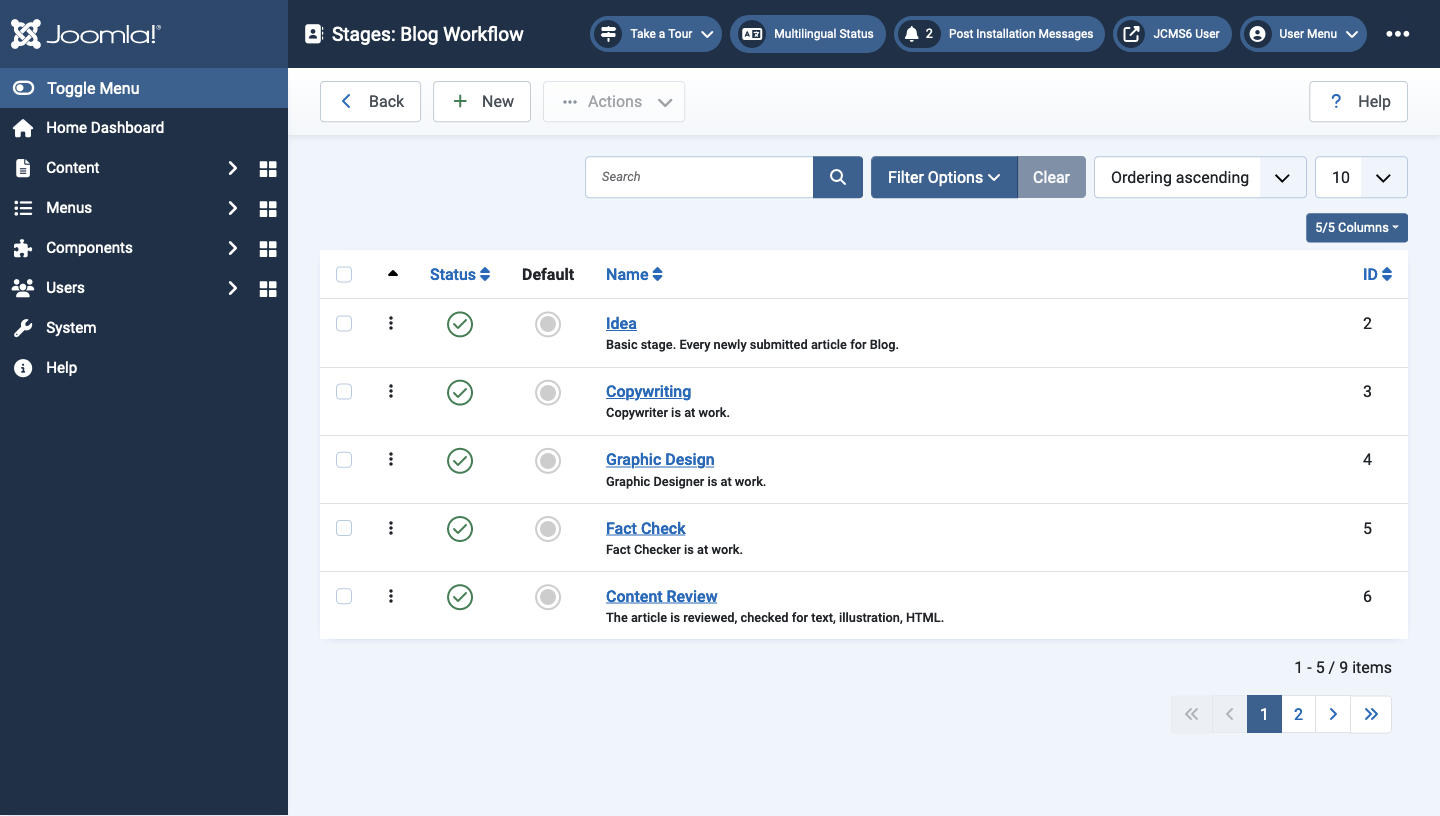 Workflow stages list